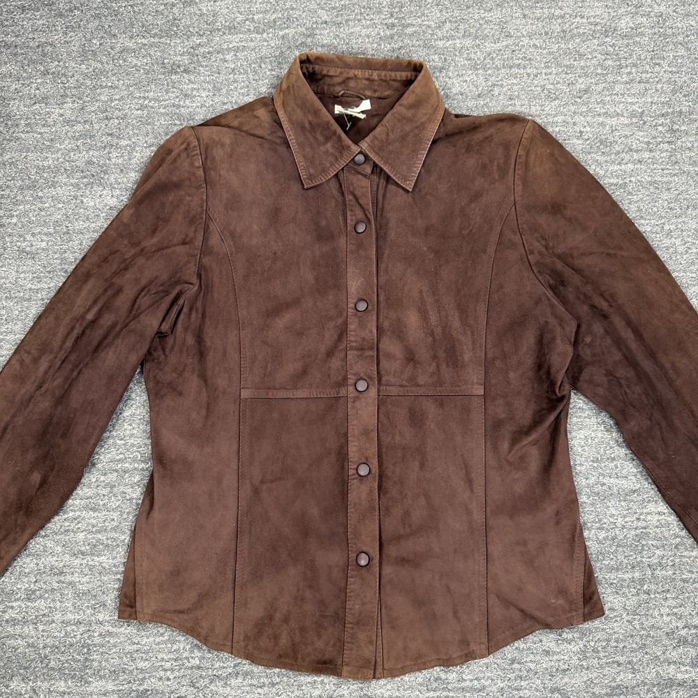 Austin Reed Leather Suede Shirt Women 8 Brown Snap Western Country Cowgirl